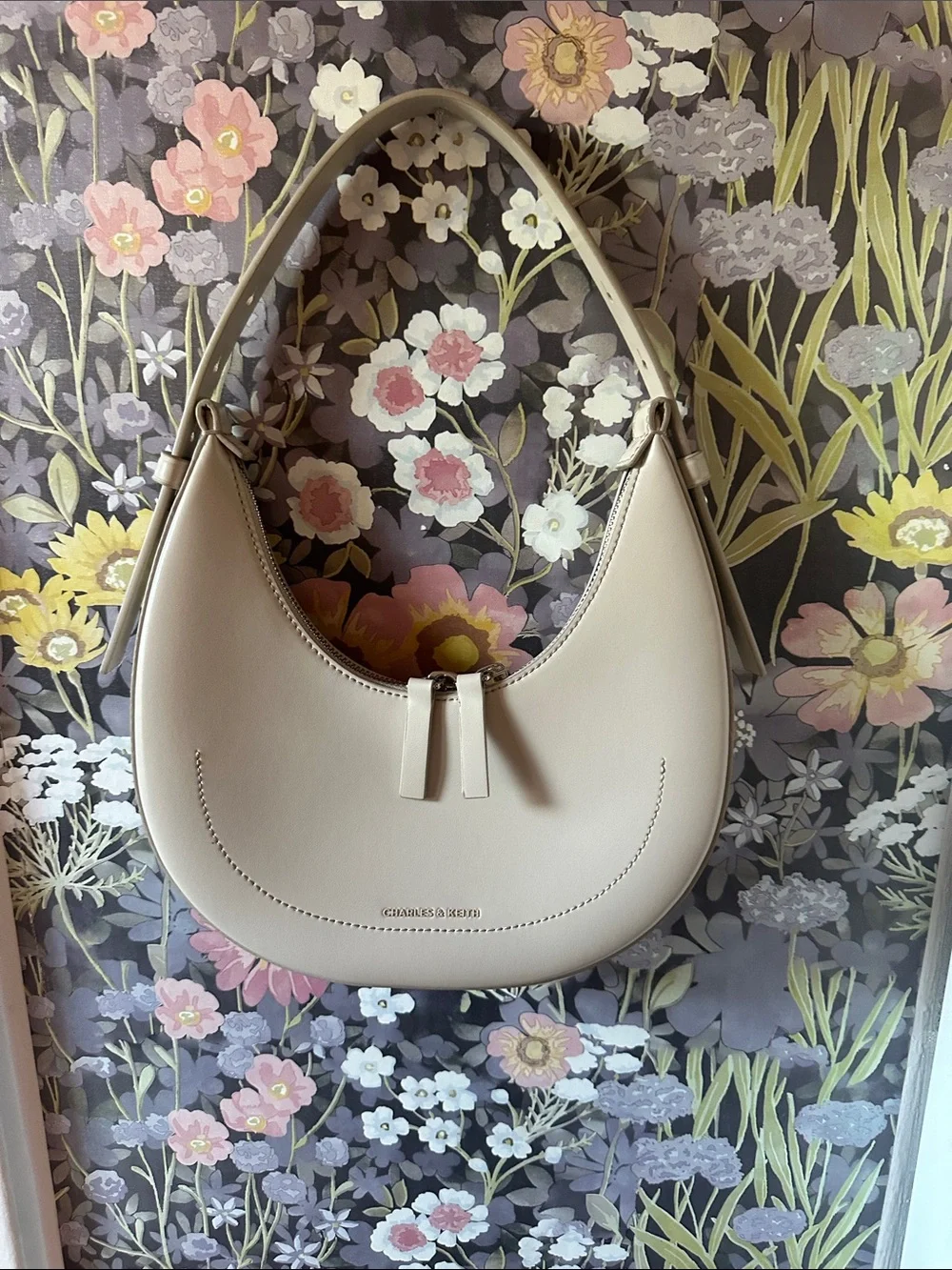 Charles & Keith Cream Crescent Shoulder Bag with Curved Silhouette